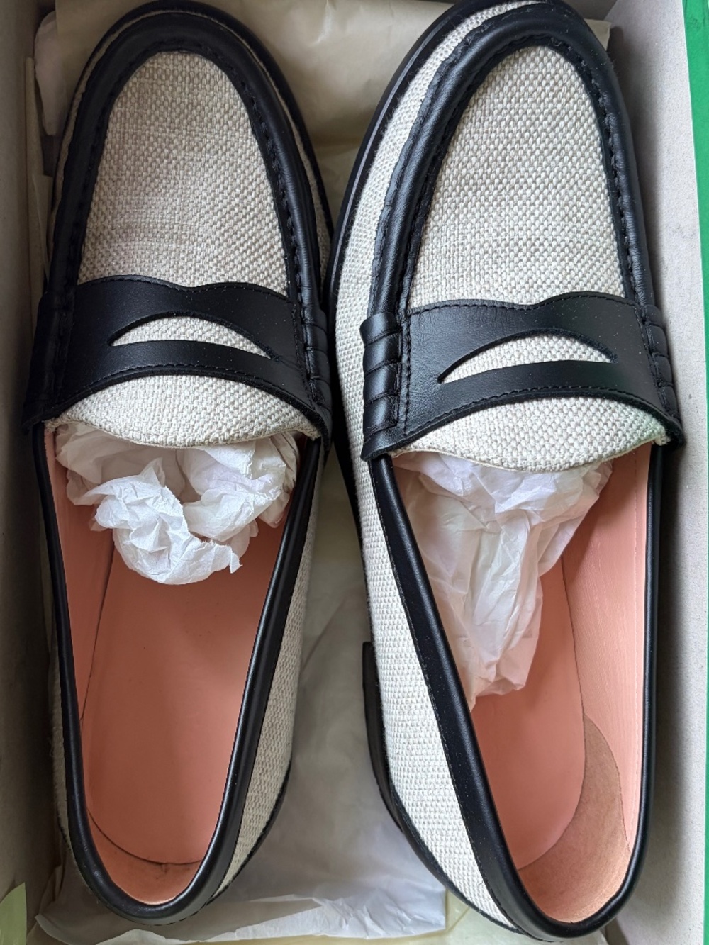 J. Crew Black and Cream Canvas Penny Loafers with Pink Lining